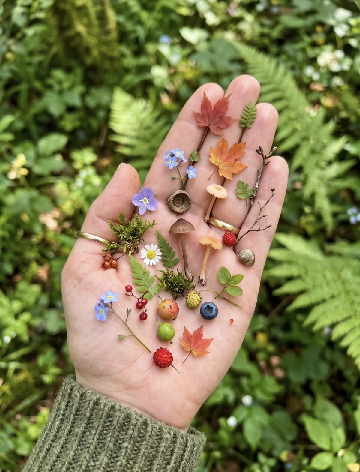 A hand holding tiny flowers, leaves and berries in natural light.